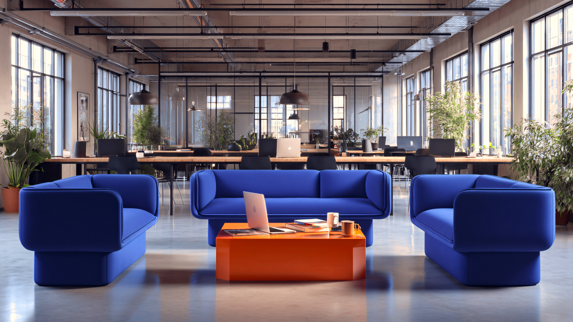 A workspace with blue couches for comfortability and work station desks at the back
